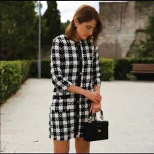 Zara Short Tweed Houndstooth Dress with Faux Leather Details